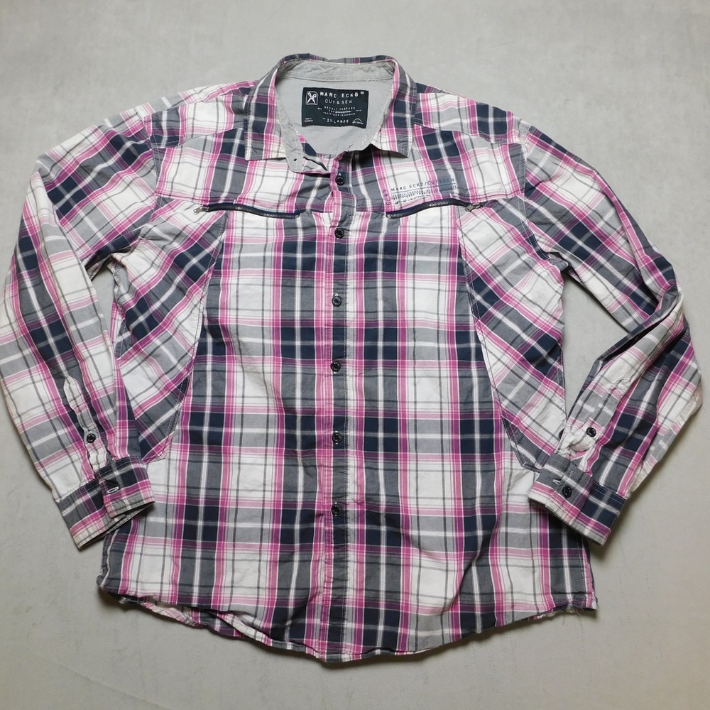 Marc Ecko Cut & Sew Men 2XL Plaid Button Down Shirt Pink Navy Blue Zipper Pocket